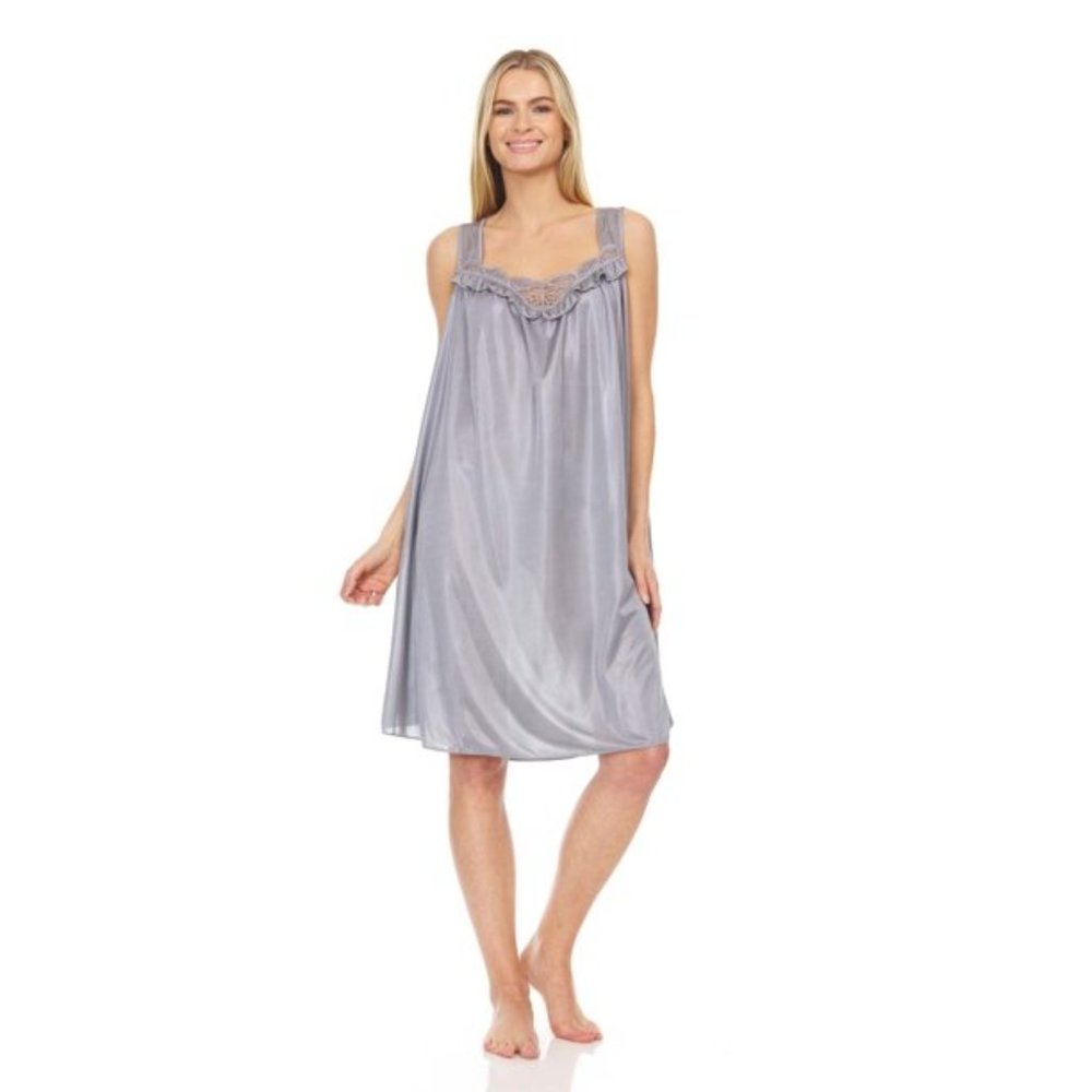 Women Polyester Satin Nightgown Sleepwear Female Sleep Dress Nightshirt Gray
